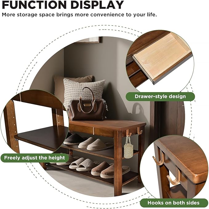 Wood Shoe Bench Entryway with Drawer: 2-Tiers Wooden Storage Shoe Rack with Bench Seat, Compact Mid-Century Modern Design for Entryway, Hallway,Closet,Front Door Entrance,Foyer Walnut 31.5"