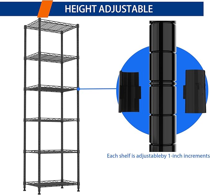REGILLER 6 Wire Shelving Steel Storage Rack Adjustable Unit Shelves for Laundry Bathroom Kitchen Pantry Closet(Black,11.7" D x 16.8" W x 63" H)