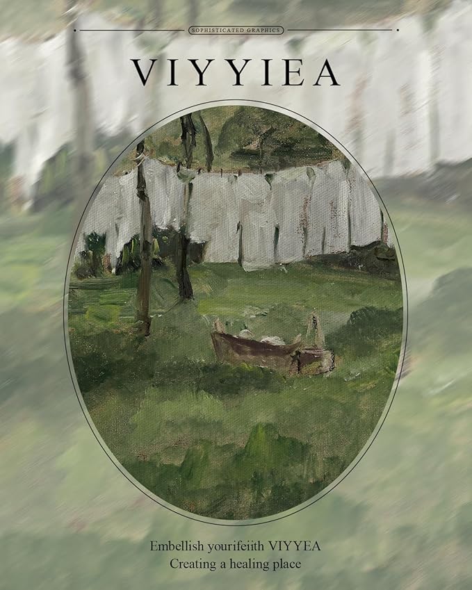 VIYYIEA Gold Framed Wall Art Canvas Print Home Decor Vintage Laundry Room Art Prints Antique Country Oil Painting Green Landscape Wall Decor Bathroom Art Wall Pictures for Living Room Bedroom 16x20in