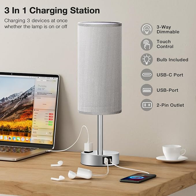 Grey Nightstand Table Lamp for Bedroom - 3 Way Dimmable Bedside Lamp USB C A Charging Ports and AC Outlet, Small Table Lamp Silver Base for Living Room, Office Desk, LED Bulb Included