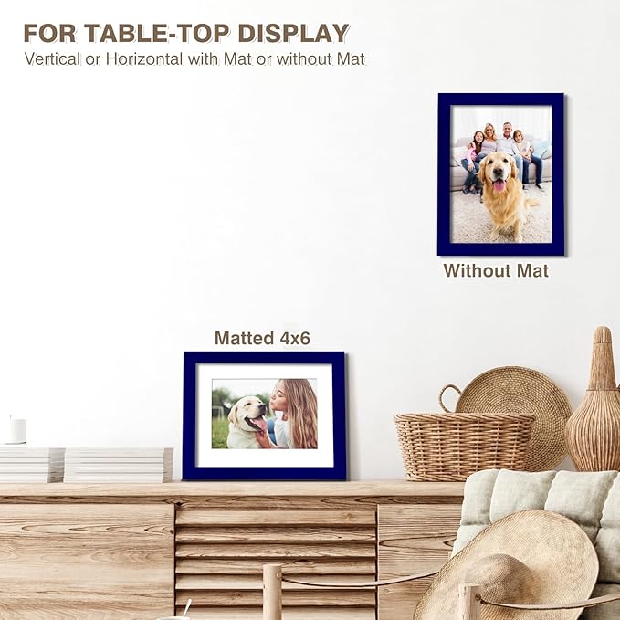 KINLINK 6x8 Picture Frame Navy, Solid Wood Frames with Acrylic Plexiglass for Pictures 4x6 with Mat or 6x8 without Mat, Tabletop and Wall Display Photo Frame, Set of 4