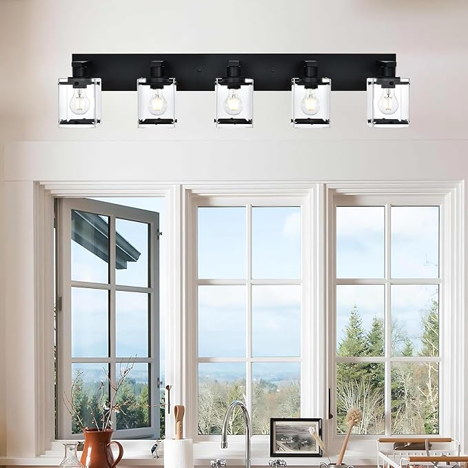 5-Light Modern Vanity Lighting, Black Bathroom Light Fixture Over Mirror with Rectangular Clear Glass,E26 Bulb Base