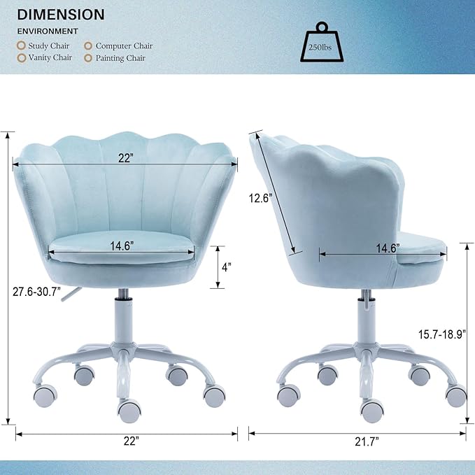 Velvet Desk Chair for Kids 8-12 Teen Room with Wheels, Upholstered Adjustable Children Computer Chair Comfy Rolling Study Armchair 360° Swivel Back and Arms for Teen Girls or Boys Bedroom, Blue