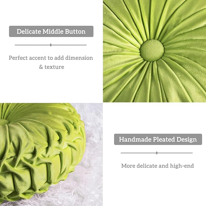 HIG Set of 2 Decorative Round Pleated Throw Pillows,Classy Accent Pumpkin Throw Pillows with Center Button,Vintage Velvet Floor Pillows for Sofa Vanity Chair Bed,Apple Green,14.5" Diameter(Ripple)