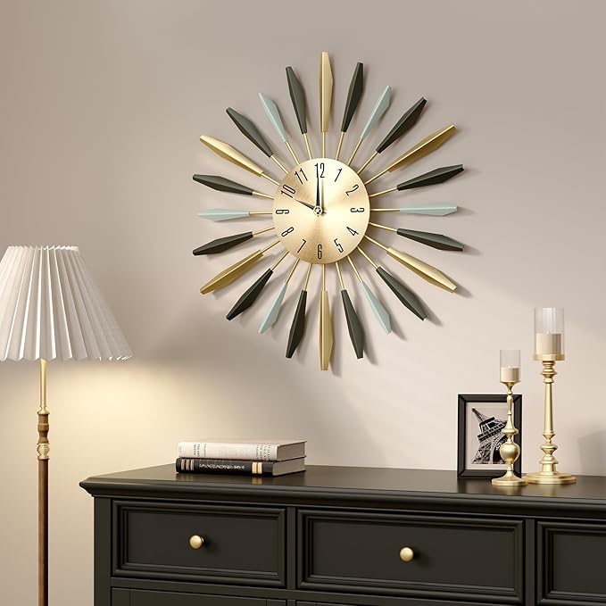 Mid Century Modern Wall Clock, Large Metal Decorative Clock Silent Battery Operated, Colorful Sunburst Starburst 28 Inch Wall Clocks for Living Room Kitchen Bedroom Office