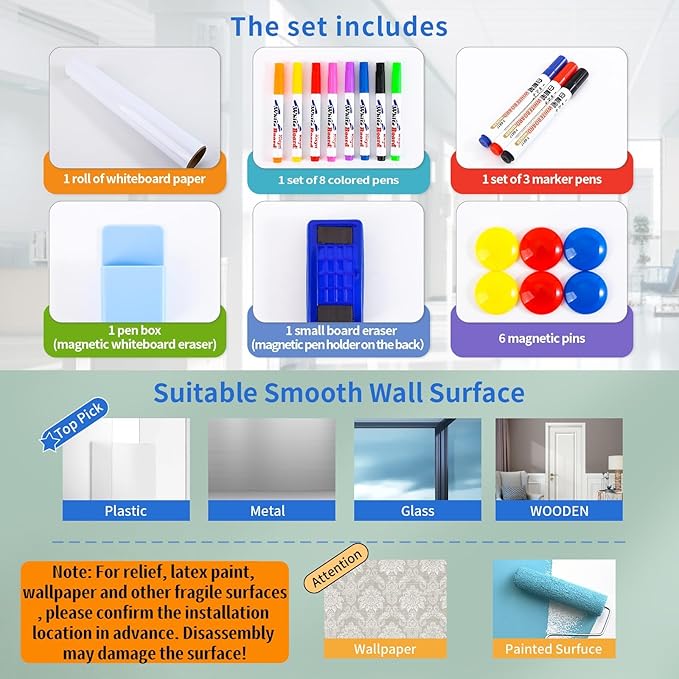 Magnetic Dry Erase Whiteboard 78"x40"- Self-Adhesive Flexible Wall Board Kit with 11 Markers, 6 Magnets, Magnetic Eraser & Holder - Ultra Smooth Writing,Effortless Clean for Office, Home, School