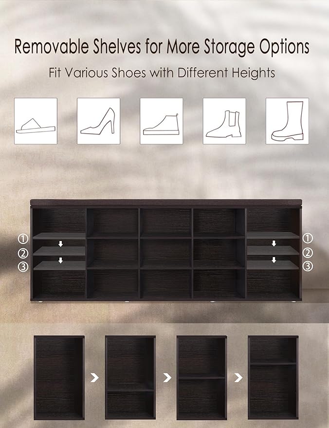 DINZI LVJ Shoe Storage Bench with Cushion, 13-Cubby Shoe Rack, Adjustable Shelves, Multifunctional Shoe Organizer Bench for Entryway, Mudroom, Hallway, Living Room, Bedroom and Garage, Espresso