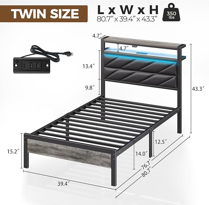 Seventable Bed Frame Twin Size with Charging Station, LED Bed with Upholstered Storage Headboard, Metal Platform Bed with Under Bed Storage, No Box Spring Needed, Noise Free, Easy Assembly, Black