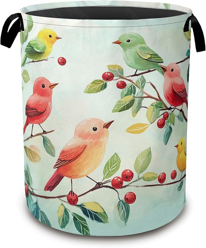 Colorful Bird Green Leaves Collapsible Laundry Baskets,Laundry Hamper,Storage Basket with Handles for Bathroom Bedroom College Dormitory Living Room Nursery Organizer 16"x20"