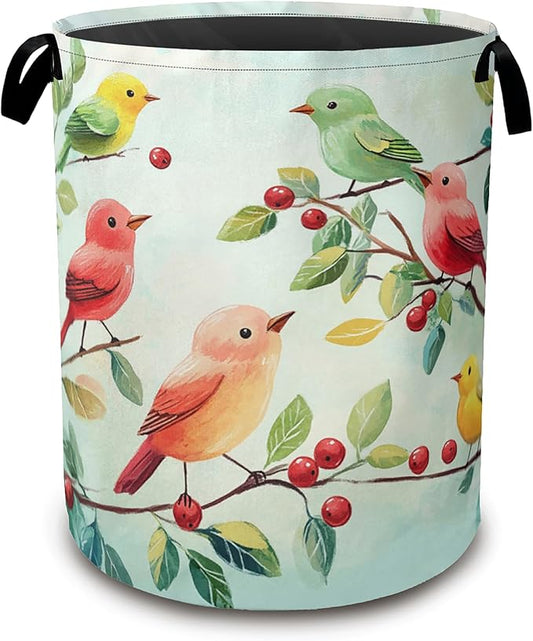 Colorful Bird Green Leaves Collapsible Laundry Baskets,Laundry Hamper,Storage Basket with Handles for Bathroom Bedroom College Dormitory Living Room Nursery Organizer 16"x20"
