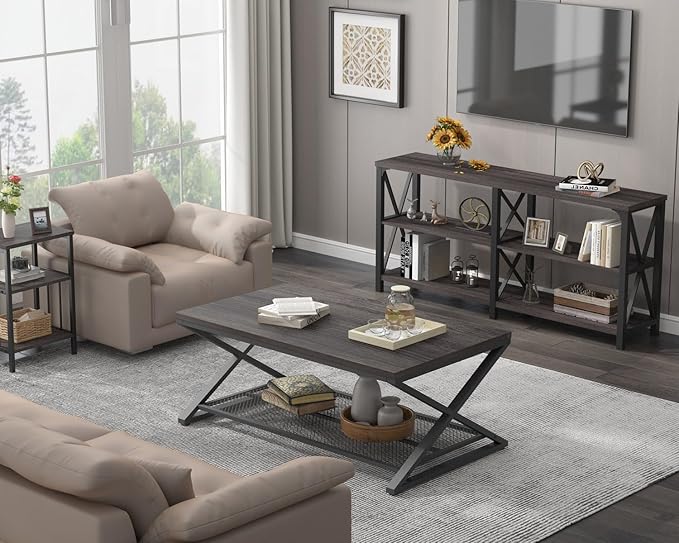 LVB Industrial Grey Coffee Table, 2 Tier Wood Metal Living Room Table, Wooden Rectangle Center Table with Storage, Farmhouse Low Cocktail Tea Table for Home Office Bedroom, Dark Gray Oak, 39 Inch