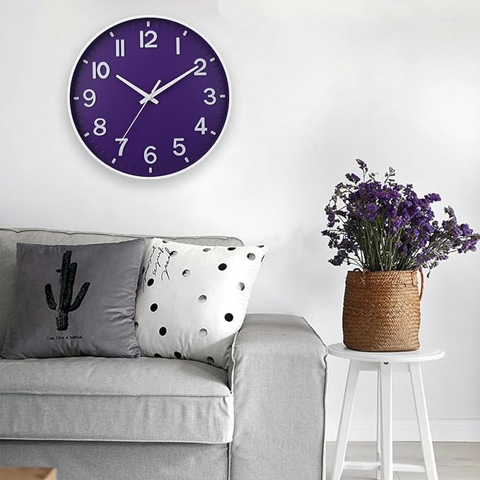 HZDHCLH Purple Wall Clocks Battery Operated,12 inch Silent Non Ticking Modern Wall Clock for Living Room Bedroom Kitchen Office Classroom Decor