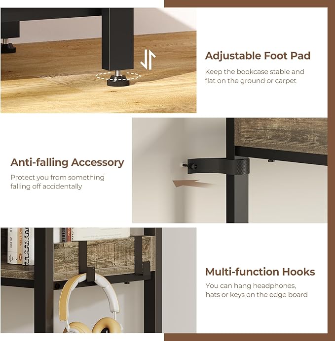 Rolanstar Bookshelf 5 Tiers, Triple Bookcase with Open Display Shelves, Industrial Wide Bookshelf with Metal Frame for Living Room, Office, Grey