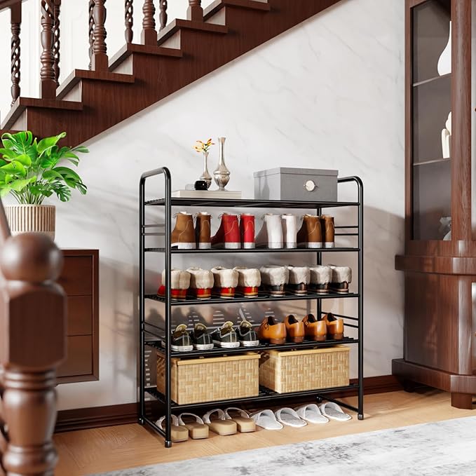 SUFAUY 33" Wide Shoe Rack, 5-Tier Shoe Storage Rack for 24-30 Pairs of Shoes, Shoe Organizer for Entryway, Steel Frame, Industrial, Black