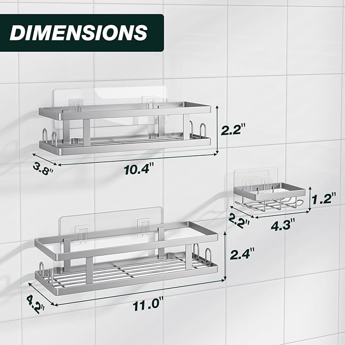 Adhesive Shower Caddy,Shower Shelves with Soap Holder and 12 Hooks,Rustproof No Drilling Bathroom Organizer and Storage,Silver,3 Pack