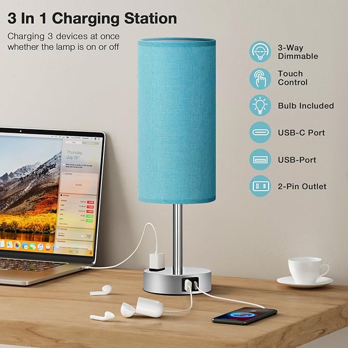 Turquoise Nightstand Table Lamp for Bedroom - 3 Way Dimmable Touch Lamp USB A and C Charging Ports and AC Outlet, Small Lamp for Office Desk with Metal Base, LED Bulb Included