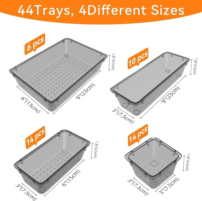 WOWBOX 44 PCS Clear Plastic Drawer Organizer Set, 4 Varied Size storage Bins and Desk Drawer Organizer Trays for Makeup, Gadgets, Jewelry and Utensils in Bathroom, Bedroom and Office, Clear Black
