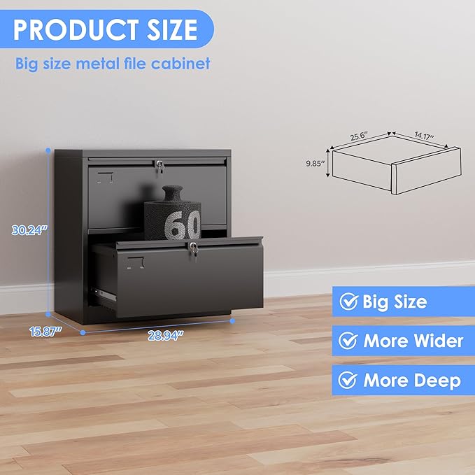 Metal 2 Drawer Lateral File Cabinet with 2 Lock - Wide Filing Cabinet for Letter/Legal/F4/A4 Hanging Files - Includes Business Card Holder,Home Office School Storage,Black