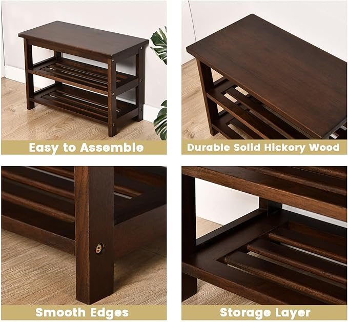 CONSDAN Wood Shoe Bench Rack, USA Grown Hickory, Entryway Bench with Shoe Storage, Mud Room Bathroom, Front Door, Outdoor/Indoor, Dark Walnut(Black)