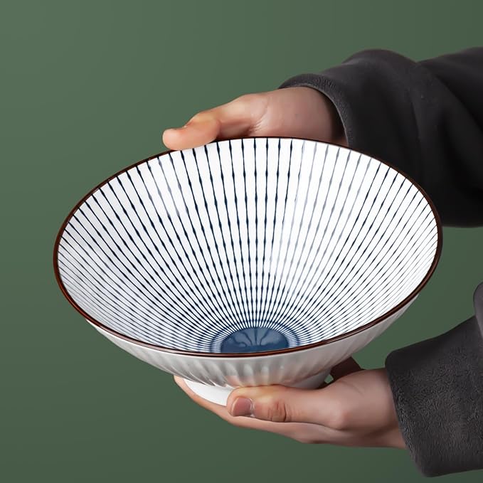 38 oz Japanese Ramen Bowl Set of 6 - Large 8 Inch Ceramic Soup Bowls, Blue and White Japanese Noodle Bowls for Pho, Ramen, and Salad - Mixing Patterns