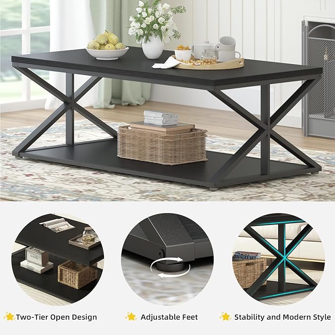 Launica Modern Coffee Table with Storage, Farmhouse Living Room Table, Minimalist Rectangle Center Table, Industrial Vintage Wood Tea Table, 47 Inch, Black Oak