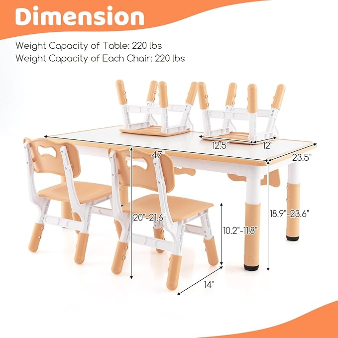 Costzon Kids Table and 4 Chair Set, Height Adjustable Toddler Desk and Chairs with Graffiti Desktop, Non-Slip Legs, Children Art Study Multi-Activity Table Set for Home, Daycare, School (Natural)