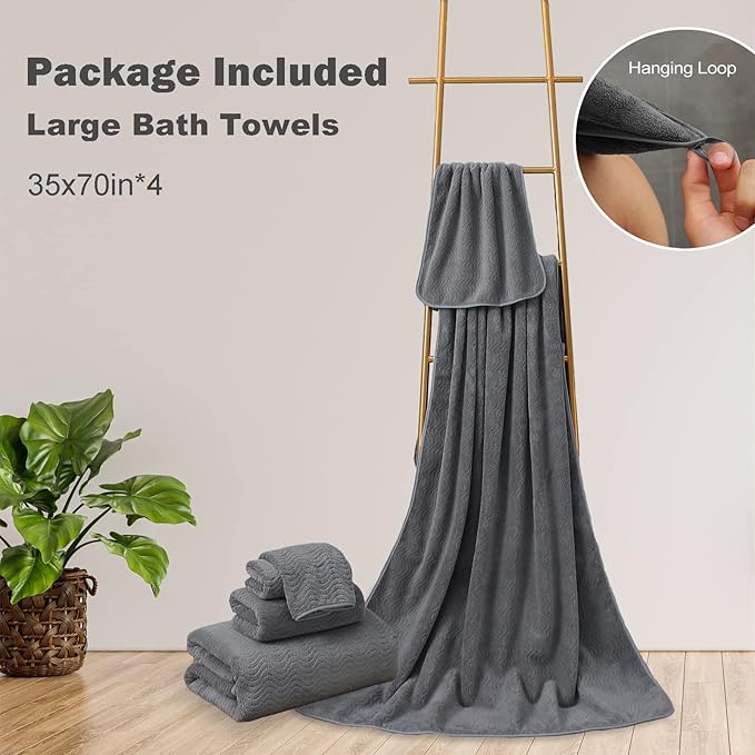Bathroom Towels Set of 4, Oversized Bath Towels Extra Large 35x70 Inch Shower Towels Highly Absorbent Quick Dry Towel Textured Soft Bath Sheet Towels for Adults Fitness Camping Spa Grey