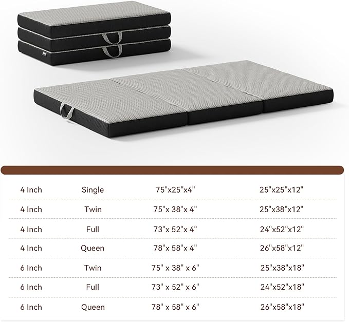 Memory Foam Trifold Mattress - Full Portable Floor Bed 4 Inch, Foldable Mat with Washable Cover, Handle & Non-Slip Bottom, for RV, Travel, Camping, Yoga, 73"x52"x4"