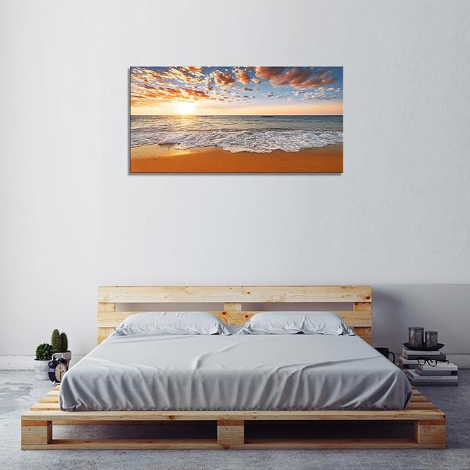 YYYYHPP YP2175 Beach Wall Art Morning Sunrise Sky Ocean Beach Waves Scenery Modern Painting Artwork for Office Wall Decor Home Decoration Stretched and Framed Ready to Hang