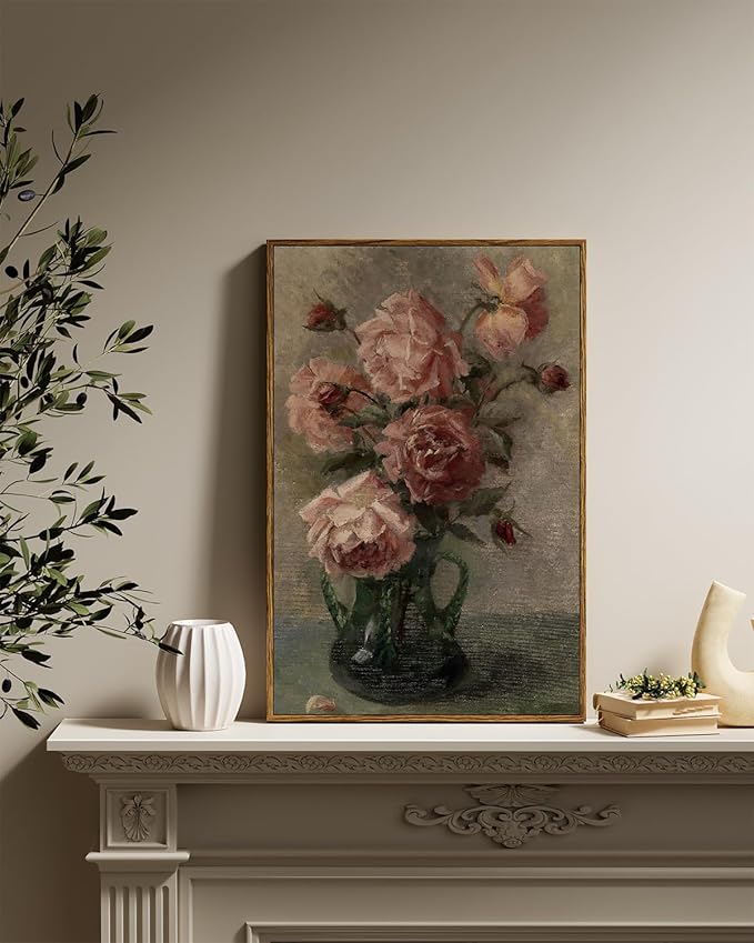 InSimSea Framed Wall Art for Living Room Flower Wall Art Home Decor Roses in Vase Vintage Paintings Large Canvas Prints Botanical Prints Mid Century Modern Decor Farmhouse Bedroom Wall Decor 16x24in
