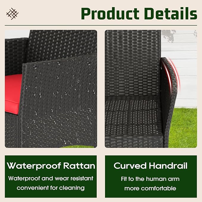 FDW | 4-Piece Patio Furniture Set | Red | Outdoor Wicker Furniture with Coffee Table | Modern Rattan Chairs Conversation Set | Outdoor Seating | Weather-Resistant | for Porch, Garden, Lawn