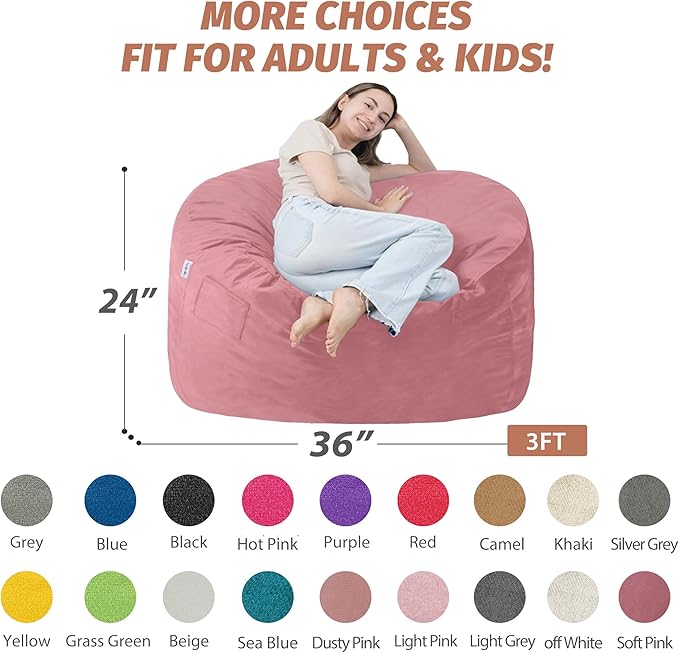 3FT Bean Bag Chair with Ultra Soft Velvet Cover Bean Bag Sofa with Memory Foam Bean Bag Chairs with Large Size Lazy Sofa for Dorm Office Living Room Bedroom Soft Pink 3'