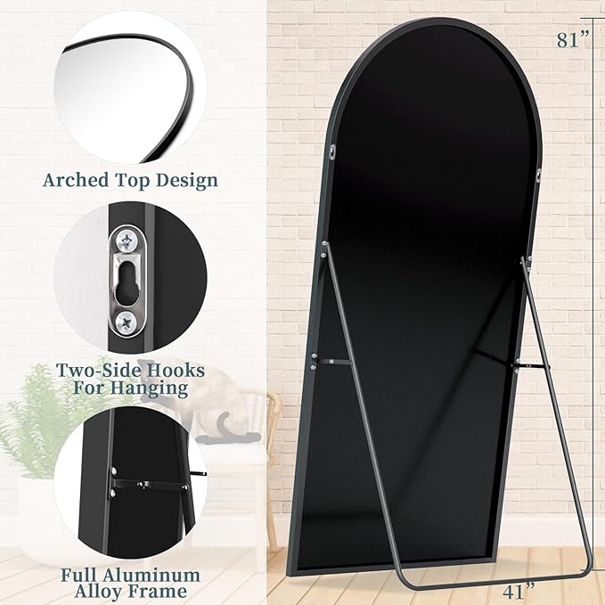 Full Length Mirror with Stand, 81"x41" Arched Full Body Mirror, Large Stand Up Mirrors, Aluminum Frame Floor Standing Mirrors, Freestanding Hanging Leaning Mounted for Bedroom Living Room, Black