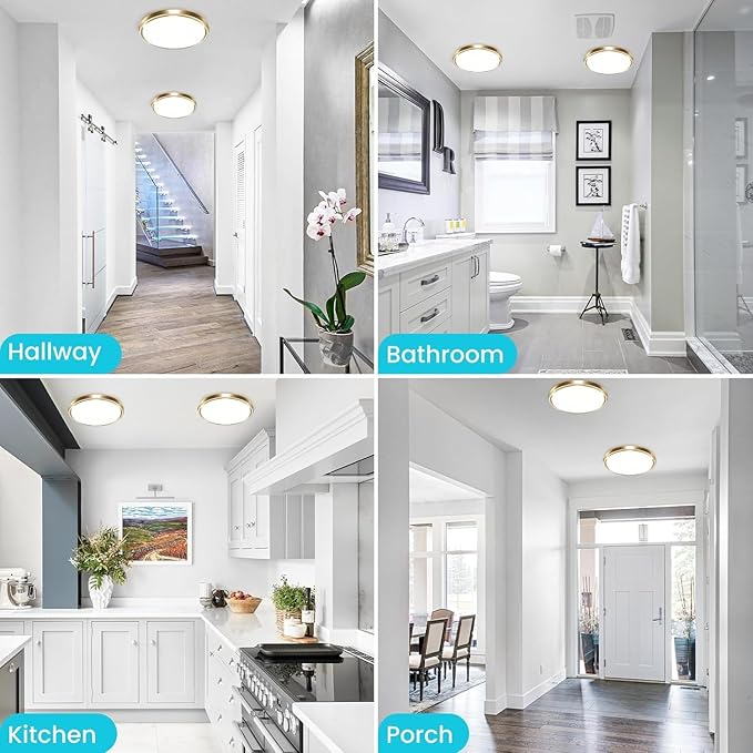 zemty 2Pack LED Ceiling Light Fixture, 6.5-Inch 12W 1200lm Small Flush Mount Light, Adjustable 3000K 4000K 6500K Color Temperatures, Round Flat Recessed Lamp for Kitchen Closet Hallway Laundry, Gold