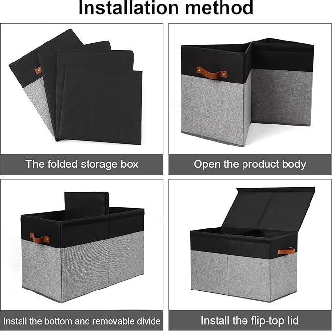 Large Toy Storage Box with Lid, Sturdy Toys Storage Chest Bin Organizer Basket with Dividers for Kids, Boys, Girls, Nursery, Closet, Bedroom, Playroom 25"x13" x16" (Black and Grey)