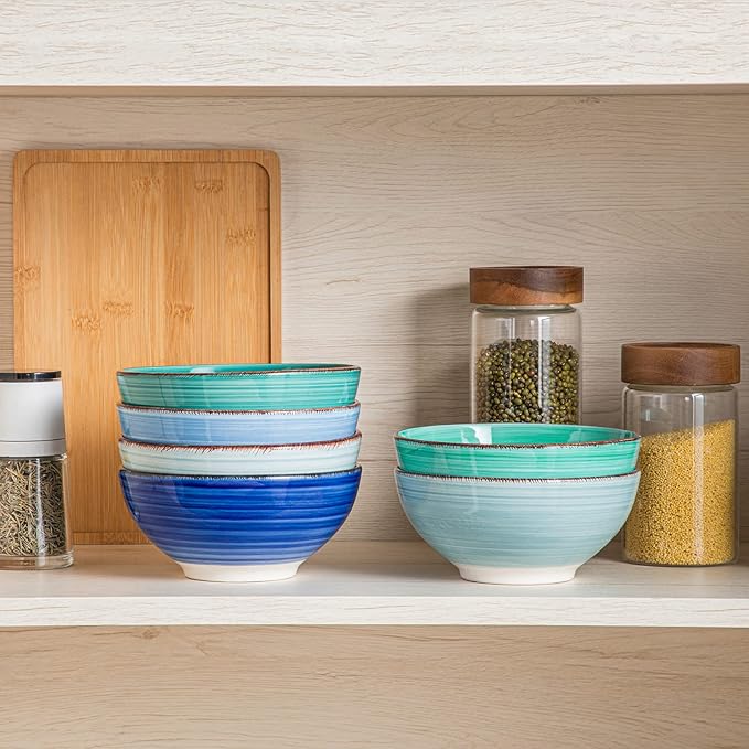 vancasso Bonita 27 Oz Cereal Bowls Set of 6, Blue Ceramic Bowls for Kitchen, 6 Inch Soup Bowls, Dishwasher & Microwave Safe