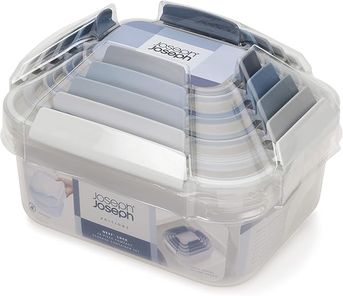 Joseph Joseph Nest Lock Plastic BPA Free Food Storage Container Set with Lockable Airtight Leakproof Lids, 10-Piece, Sky
