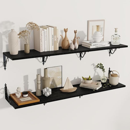 Deep Floating Shelves, 55" W x 12" D Wall Shelves Set of 2, Wide Display Shelf Wall Mounted with Brackets, Bookshelf for Living Room, Bathroom, Bedroom, Black