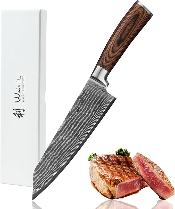 Wakoli EDIB Kiritsuke Chef Knife 8-inch - 67-Layer Damascus VG10 Core Steel, Razor Sharp Japanese Kitchen Knife with Pakkawood Handle, for Meat, Fish & Vegetables
