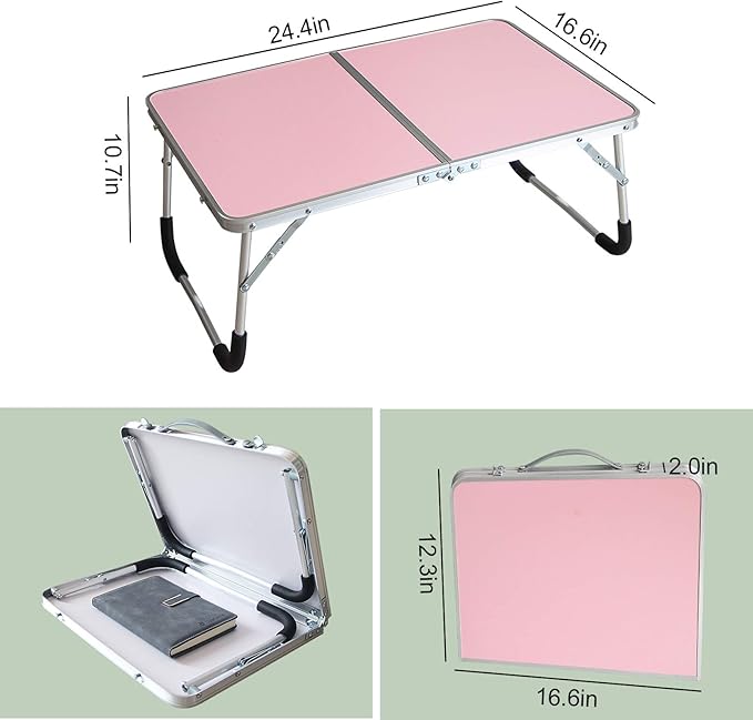 Foldable Laptop Table, Bed Desk, Breakfast Serving Bed Tray, Portable Mini Picnic Table & Ultra Lightweight, Folds in Half with Inner Storage Space (Pink)