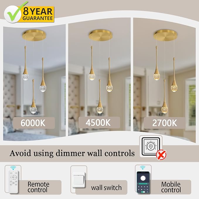 3-Light Gold Chandelier with Dimmable Ceiling Light Crystal Pendant Light for Kitchen Island, Dining Room, Living Room, Entry Hallway