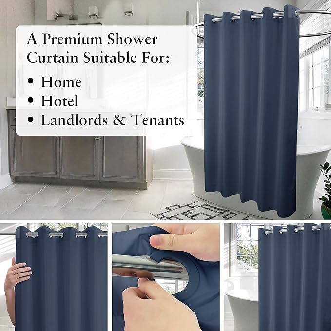 River Dream No Hook Hotel Cloth Navy Blue Shower Curtain Soft Microfiber & Waterproof - Fabric Shower Curtain or Liner Washable, Navy Blue, 71x74