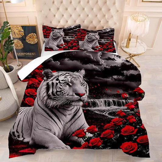 Kids Tiger Comforter Set Twin Size, White Tiger Wild Animal 2 Pcs Animal Print Bedding for Kids and Adults Beautiful 3D Red Rose Flower and Tiger Print Soft Comforter Set for Bedroom Bed Decor