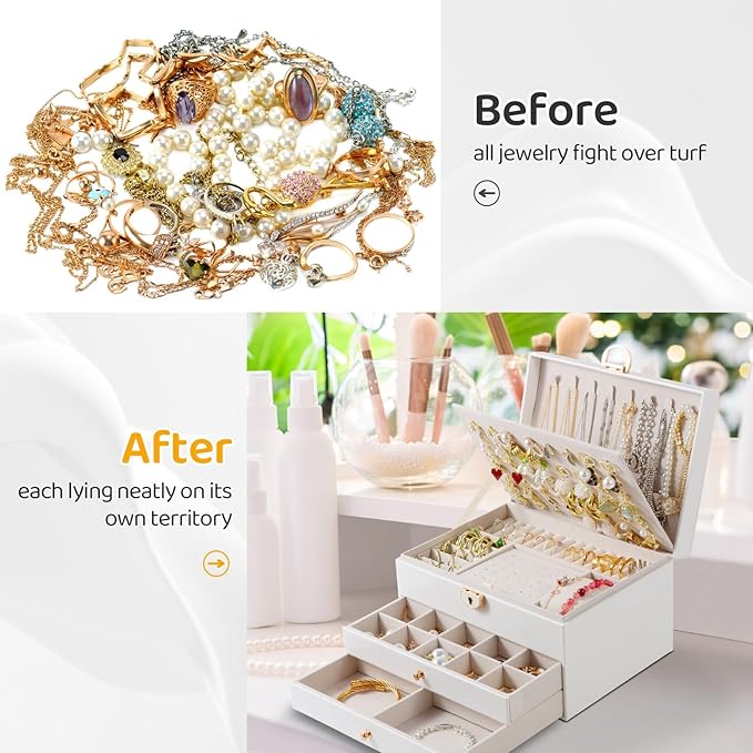 Jewelry Box, 3-Layer Jewelry Boxes for Women, Stud Earings Holder Jewelry Organizers and Storage with Removable Jewelry Tray, PU Leather Vintage Quilted Top Lockable Jewelry Holder Gift Idea