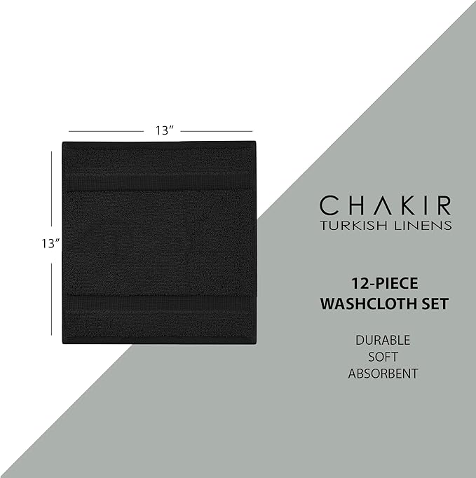 Chakir Turkish Linens Premium Cotton Absorbent Turkish Towels (Washcloths - 12 Piece, Black)