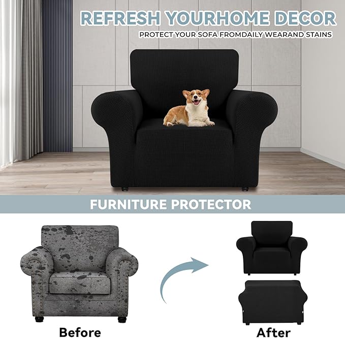 LURKA Stretch Chair Sofa Slipcovers 1 Piece Couch Covers for Sofa Furniture Protector Full Sofa Covers with Elastic Bottom for Kids and Dog (Small, Black)