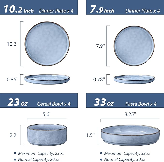 LIANYU 16 Piece Dinnerware Dish Sets with Salad Blows, Plates and Bowls Dinner Set for 4, Stoneware Dish Tableware for Dessert Salad Pasta, Microwave & Dishwasher Safe, Serenity Blue