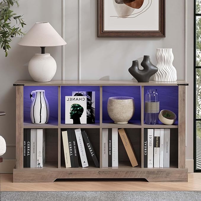 8 Cube Storage Organizer, 2 Tier Bookshelf for Living Room, Farmhouse Bookcase with Led, Kids Toy Storage Cabinet, Wall Cubby Shelves for Home Decor, Wood Display Cabinet for Bedroom, Grey