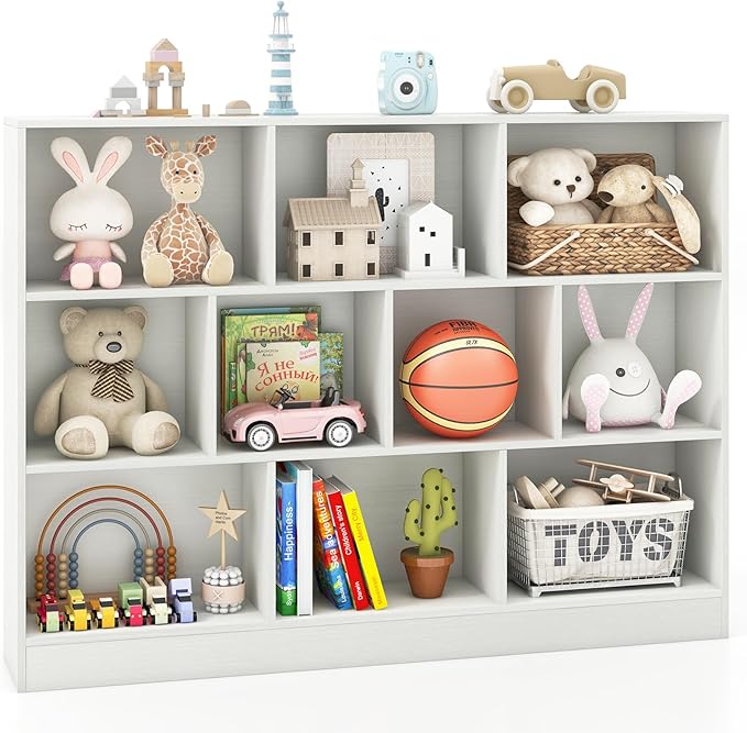 Costzon 10 Cube Bookshelf for Kids, Wooden Toy Storage Organizer w/ 2 Anti-Toppling Kits, 3 Tier Open Shelves & Non-Slip Foot Pads, Book Shelf for Kids Rooms, Playroom, Classroom, Nursery (White)