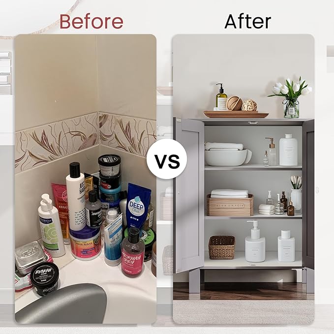 Bathroom Cabinet, Modern Bathroom Floor Storage Cabinet, Freestanding Organizer with Adjustable Shelves & Double Doors, 3-Tier Home Living Room Furniture